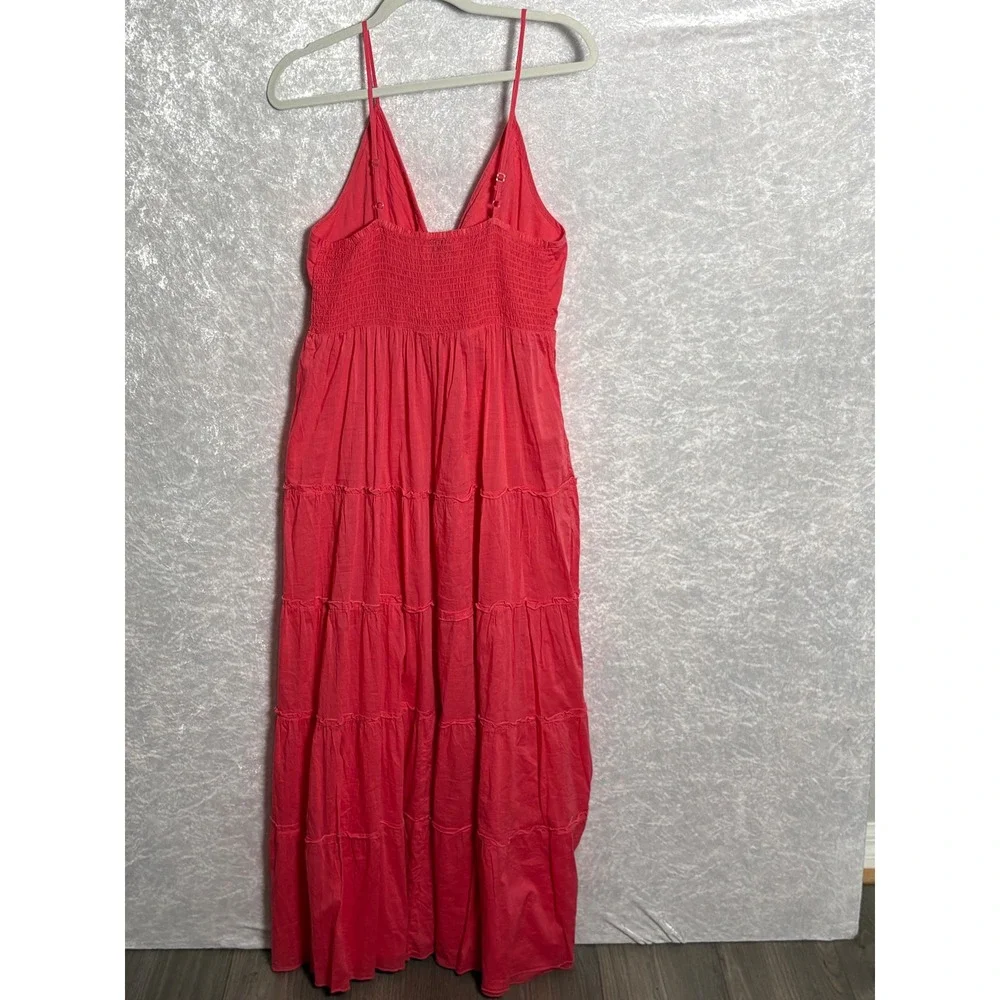 OVS Coral Red Cotton Tiered Maxi Dress Boho Sundress Vacation Smocked Back L/XL